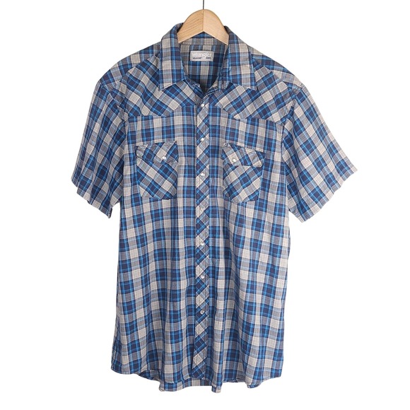 Wrangler Other - Vintage Wrangler‎ Wrancher Pearl Snap Shirt XL Blue Plaid Short Sleeve Western